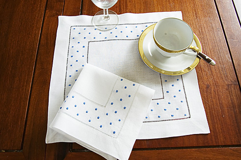 Square Linen Placemat. French Blue Polka Dots. 14" square.